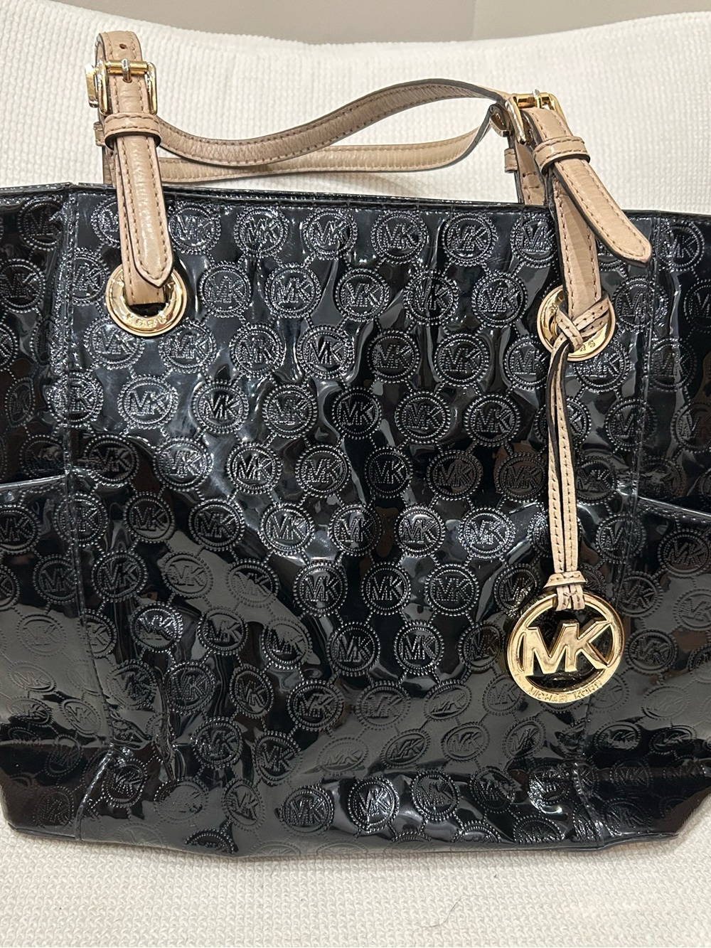 Michael Kors Black Patent Tote with Beige Trim and Gold Hardware